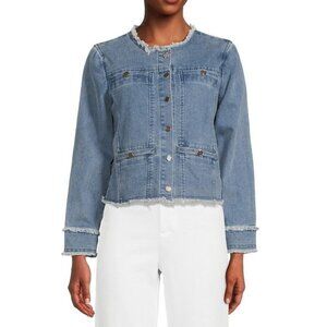 ecru Frayed Collarless Demin Jacket Indigo Small